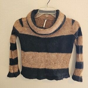 Free People Striped Cowl Neck Sweater Tan Black Knit Long Sleeve Crop Top XS
